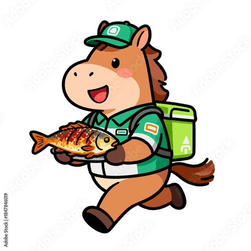 [Vector EPS]Cute horse character delivering a grilled fish in delivery uniform