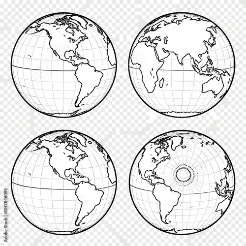 [Vector EPS]Black and white line drawing of different globe projections for geographic study