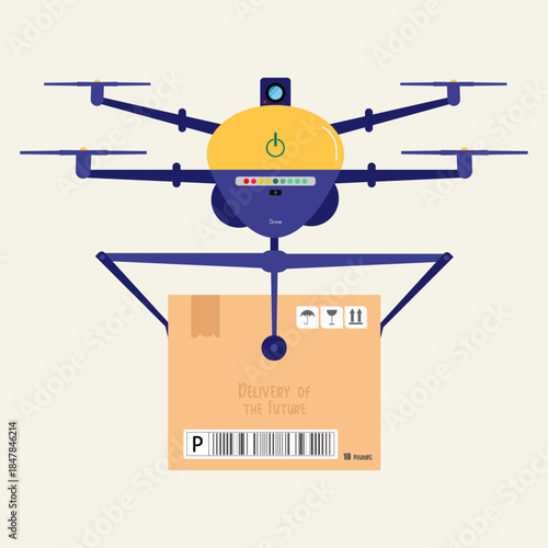 Delivery Drone Carrying Package Future Logistics and E-Commerce Ideal for websites, mobile apps, startup presentations, infographics. Flat vector illustration.