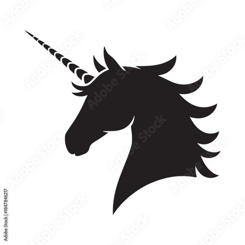 Silhouette of a majestic unicorn head with a spiraling horn and flowing mane