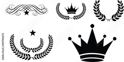 A diverse collection of black silhouette victory symbols including classic laurel wreaths, elegant crowns, and stylish stars, alongside an ornate swirl, representing success.