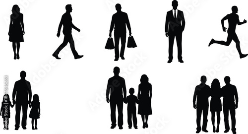 Vector illustration of diverse human silhouettes—symbols for posture, movement, social grouping, fashion style, gesture reference, and character design modeling