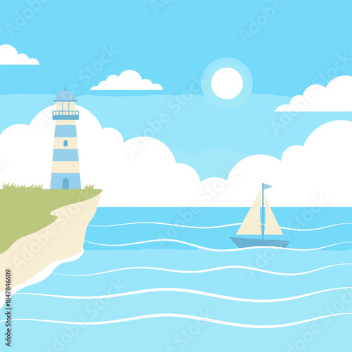 [Vector EPS]A scenic coastal view with a lighthouse and a sailboat on a sunny day