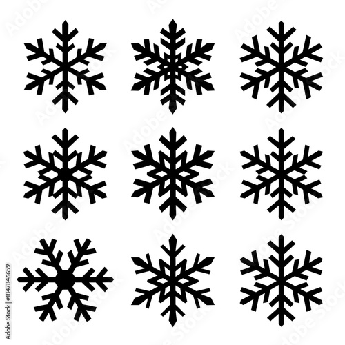 [Vector EPS]Set of various black snowflakes on white background