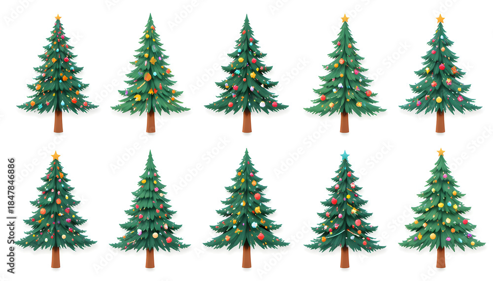 Obraz premium Eight decorated Christmas trees with colorful ornaments and stars on white background