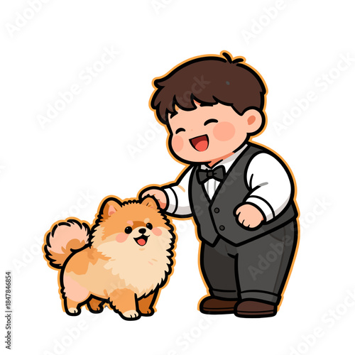 [Vector EPS]A cute boy in formal attire playing with a small fluffy dog