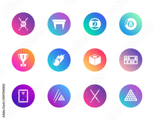 Billiards, pool, game. Vector set of 12 round gradient icons featuring cues, balls, table, and trophy for sports UI, entertainment, and game-related design.