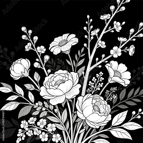 [Vector EPS]Black and white illustration of elegant floral bouquet with various flowers and leaves