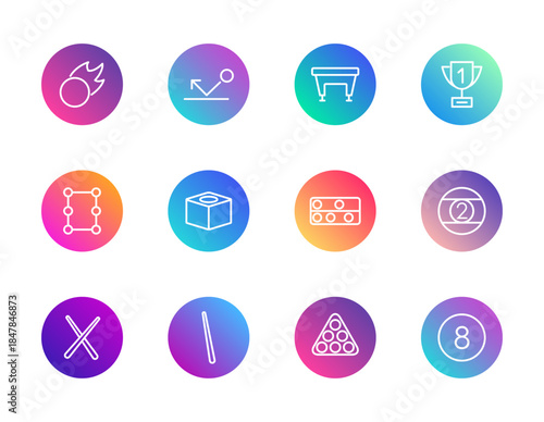 Billiards, pool, strategy. Vector set of 12 round gradient icons featuring cues, balls, table, and trophy for sports UI, entertainment, and game-related design.