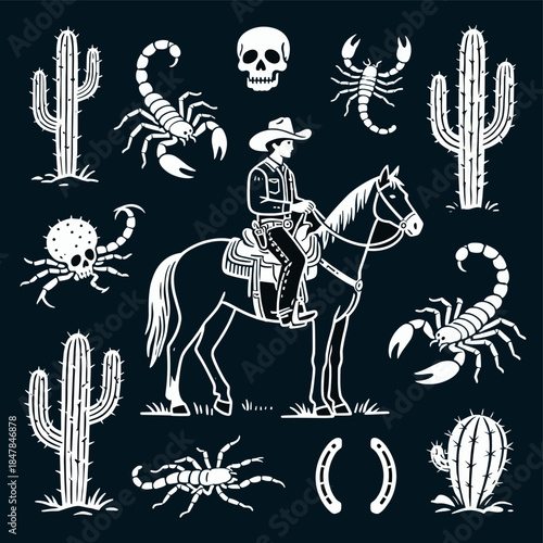 [Vector EPS]Western themed illustration with cowboy, cacti, scorpions, and skulls