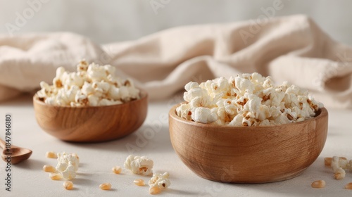 Wallpaper Mural Two wooden bowls sit on a light beige surface filled with popcorn. Soft natural light highlights the clean look. Scattered popcorn kernels add to the simple setting Torontodigital.ca