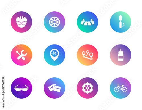 Recreation, travel, cycling. Vector set of 12 round gradient icons featuring bike, gear, film, soap, and nature for lifestyle, tourism, and activity-based UI design.