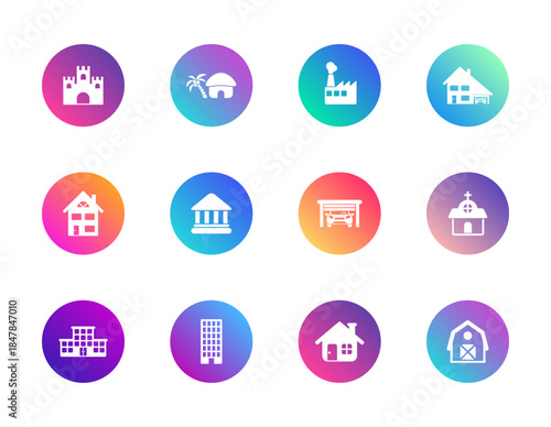 Architecture, buildings, structures. Vector set of 12 round gradient icons featuring house, barn, church, and factory for urban, real estate, and planning UI design.