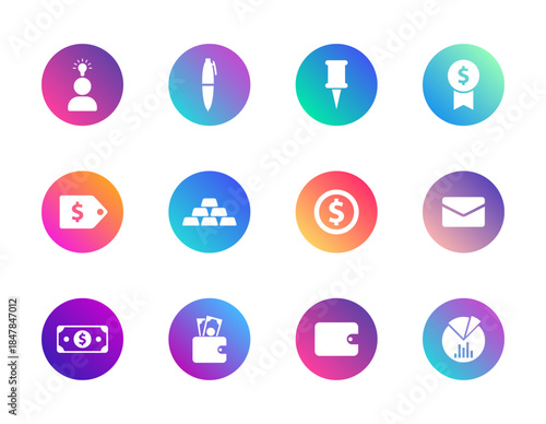 Business, finance, analytics. Vector set of 12 round gradient icons featuring wallet, chart, dollar, and envelope for financial UI, planning, and corporate design