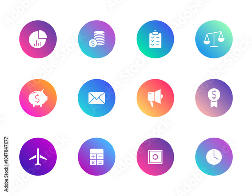 Business, finance, productivity. Vector set of 12 round gradient icons featuring piggy bank, chart, airplane, and calculator for planning, strategy, and corporate UI design.