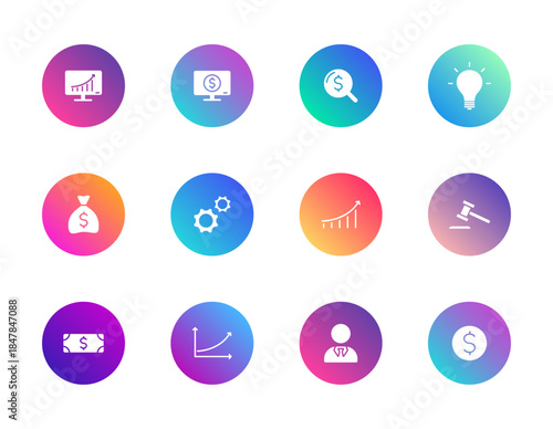 Business, finance, analytics. Vector set of 12 round gradient icons featuring chart, monitor, magnifier, and money bag for corporate UI, planning, and strategy design.