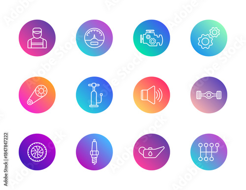 Automotive parts, tools, service. Vector set of 12 round gradient icons featuring spark plug, tire, oil can, and gears for car repair, garage, and UI design.