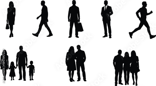 Vector illustration of diverse walking silhouettes—symbols for human posture, social grouping, gesture reference, fashion style, and animation character design