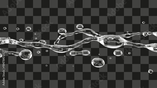 Horizontal splash of clear water liquid stream, dynamic wave shape with floating droplets and bubbles, transparent realistic 3D rendering background element