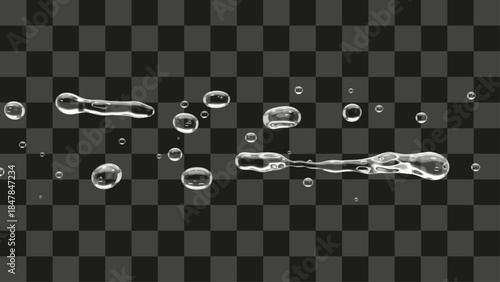 Realistic water droplets and liquid puddle streaks on transparent background, clear wet condensation texture, pure fluid surface tension effect, modern abstract design element for overlay