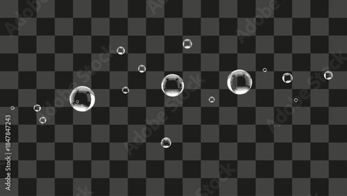 Realistic water drops or bubbles floating on transparent background, shiny glossy transparent air bubble elements, abstract design elements for clean purity or moisture