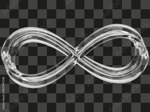3D render of a glossy clear glass infinity symbol, transparent crystal abstract shape, eternal sign, looping logo element