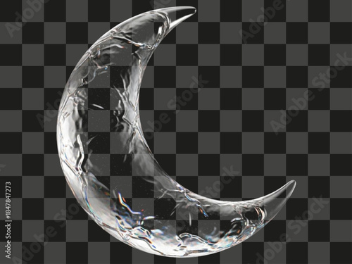 3D rendering of clear water crescent moon, realistic refractive liquid texture, isolated abstract celestial symbol