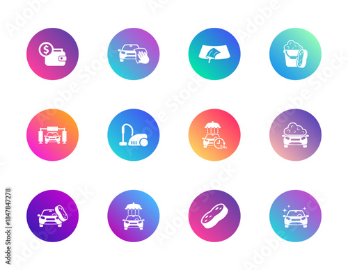 Car wash, cleaning, detailing. Vector set of 12 round gradient icons featuring sponge, vacuum, foam, and payment for auto care, service, and UI design.