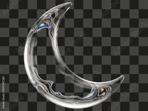 3D rendering of clear glass crescent moon shape, abstract cosmic astrology symbol with light refraction, futuristic transparent crystal object on alpha background