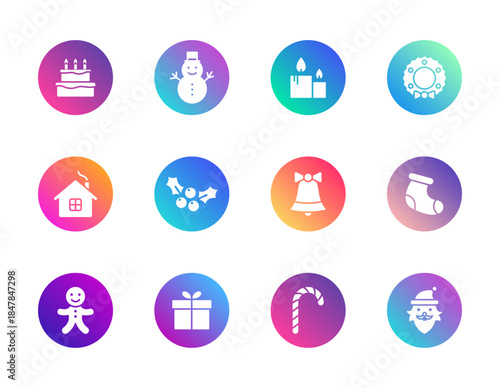 Christmas, winter holidays, celebration. Vector set of 12 round gradient icons featuring cake, snowman, gift, and Santa for festive UI, greeting cards, and seasonal design.