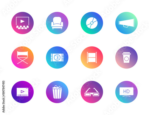 Cinema, movie night, entertainment. Vector set of 12 round gradient icons featuring screen, seat, popcorn, and clapperboard for media UI and film design.