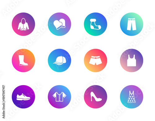 Clothing, fashion, wardrobe. Vector set of 12 round gradient icons featuring hoodie, dress, sneaker, and cap for retail, UI, and style design.