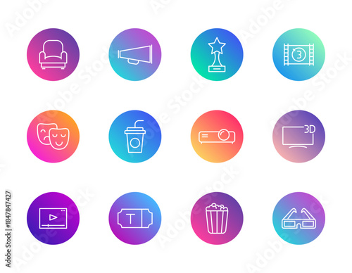 Cinema, movie night, entertainment. Vector set of 12 round gradient icons featuring seat, popcorn, 3D glasses, and ticket for film UI and media design