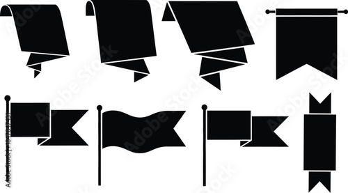 A diverse collection of black silhouette flags and banners in various shapes and forms, some on poles and others as standalone elements, offering versatile designs.
