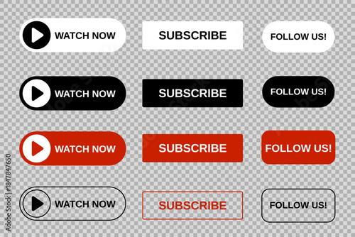 Watch now subscribe badge button design. Perfect for social media label design and call to action button. Vector illustration.	