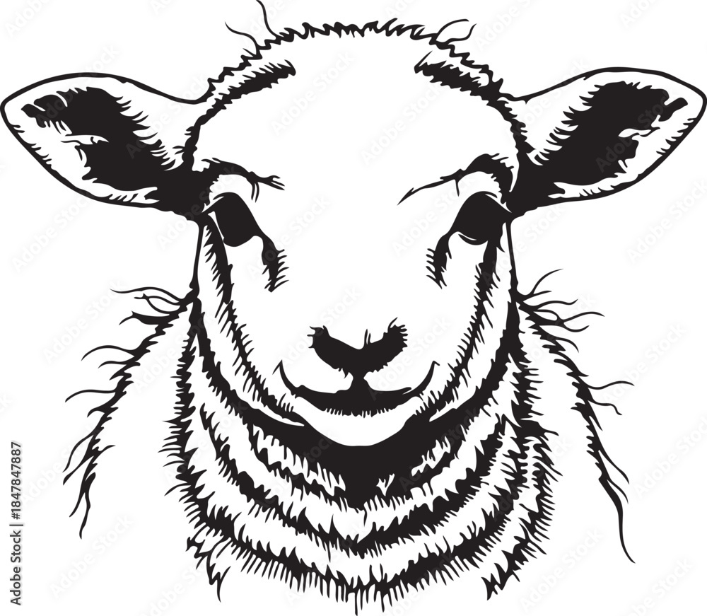 Obraz premium Adorable lamb face illustration, sweet sheep sketch drawing vector art
