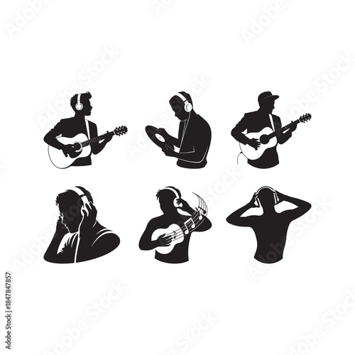 Black Color Music Lover Hobby Silhouette Vector Illustration, Solid White Background.