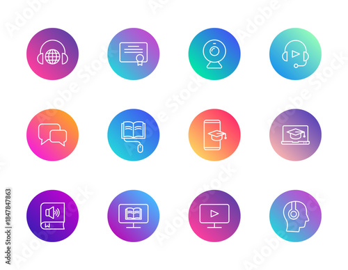 WebE-learning, online education, digital study. Vector set of 12 round gradient icons featuring headset, book, certificate, and video for UI and course design