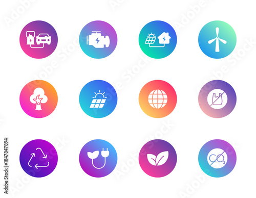 Sustainability, renewable energy, eco awareness. Vector set of 12 round gradient icons featuring EV, solar, recycling, and CO2 reduction for UI and green design.