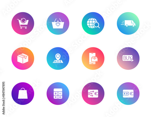 E-commerce, mobile shopping, payment. Vector set of 12 round gradient icons featuring cart, wallet, truck, and calculator for UI and retail design.