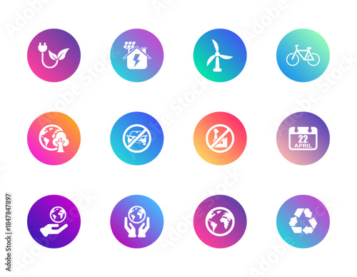 Eco, sustainability, green energy. Vector set of 12 round gradient icons featuring solar house, recycling, Earth Day, and wind turbine for UI and environmental design.