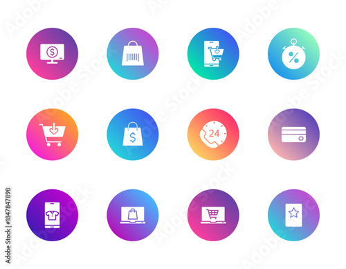 Online shopping, mobile commerce, payment. Vector set of 12 round gradient icons featuring cart, stopwatch, wallet, and laptop for UI and retail design.