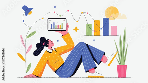 A relaxed woman in yellow shirt and blue pants lies on floor holding tablet with colorful graph surrounded by plants and string lights