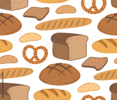 Seamless pattern with various types of bread. Appetizing background of traditional bakery products