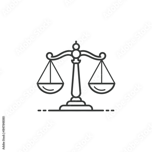 A clean line art illustration depicts a classic balance scale icon, symbolizing justice, equality and law