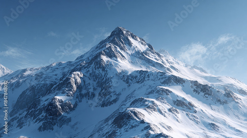 A snow-covered mountain peak against a clear blue sky, evoking a sense of majesty and tranquility. The landscape is dominated by the imposing mountain, its slopes blanketed in pristine snow.