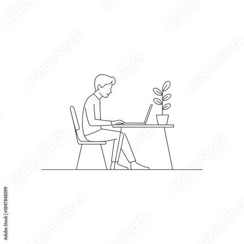 A man in minimalist line art style is focused while working on a laptop at a clean desk with a small plant