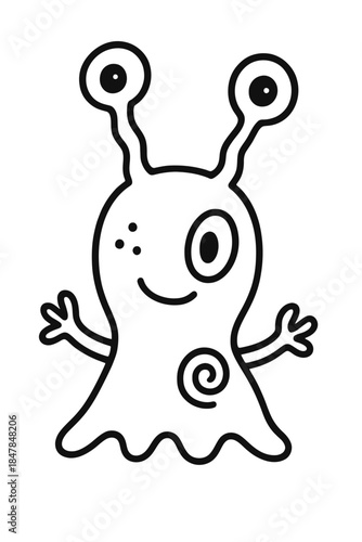 Funny cartoon monster snail character smiling happily in a cute playful style