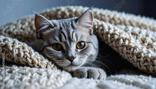 Cute cat background with soft beige, cream, and light gray colors. Subtle glow overlay, smooth gradients, cozy and friendly design. International Cat Day.