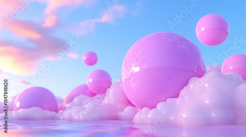 Surreal pink bubbles in dreamy pastel cloudscape against vibrant blue sky
